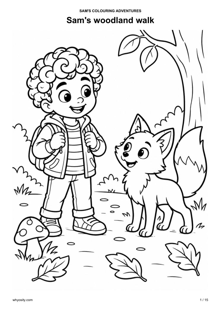 Colouring page: Sam's woodland walk