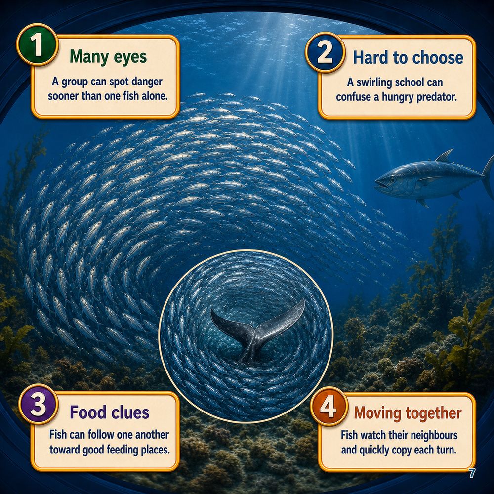 Right page: four numbered callouts explaining fish schools
